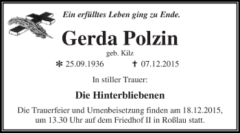 Traueranzeige von Gerda Polzin von WVG - Wochenspiegel Dessau / Köthen