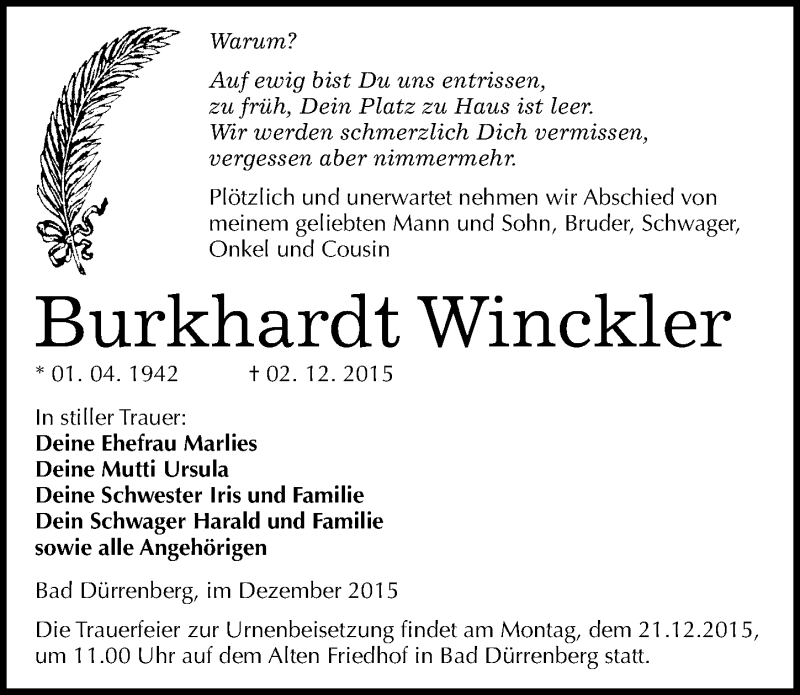  Traueranzeige für Burkhardt Winckler vom 09.12.2015 aus Mitteldeutsche Zeitung Merseburg/Querfurt