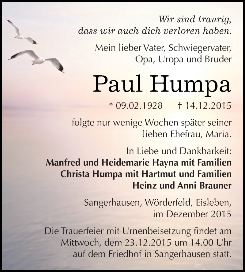  Traueranzeige für Paul Humpa vom 19.12.2015 aus Super Sonntag SGH Mansf. Land