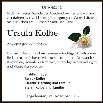 Traueranzeige von Ursula Kolbe von Super Sonntag SGH Mansf. Land
