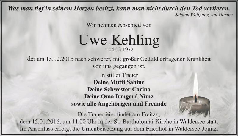  Traueranzeige für Uwe Kehling vom 28.12.2015 aus Mitteldeutsche Zeitung Dessau-Roßlau