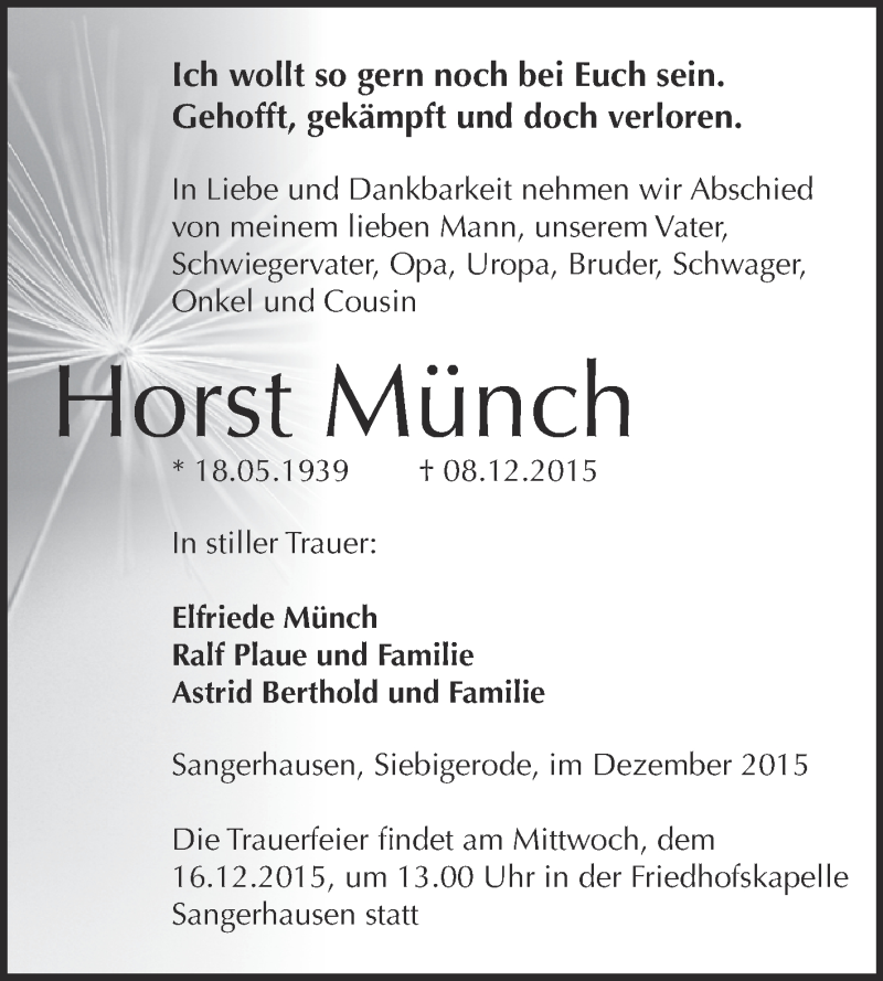  Traueranzeige für Horst Münch vom 12.12.2015 aus Super Sonntag SGH Mansf. Land