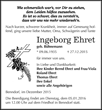 Traueranzeige von Ingeborg Ehret von Mitteldeutsche Zeitung Mansfelder Land
