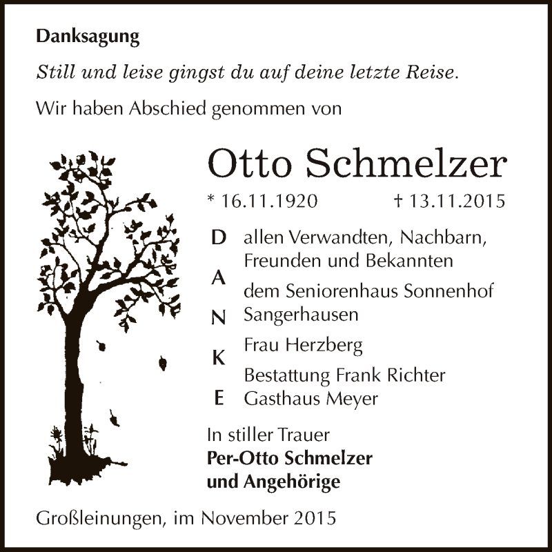  Traueranzeige für Otto Schmelzer vom 05.12.2015 aus Super Sonntag SGH Mansf. Land