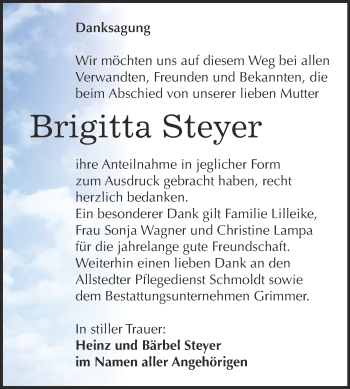 Traueranzeige von Brigitta Steyer von Super Sonntag SGH Mansf. Land