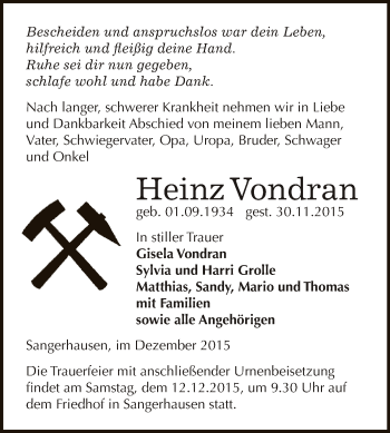 Traueranzeige von Heinz Vondran von Super Sonntag SGH Mansf. Land