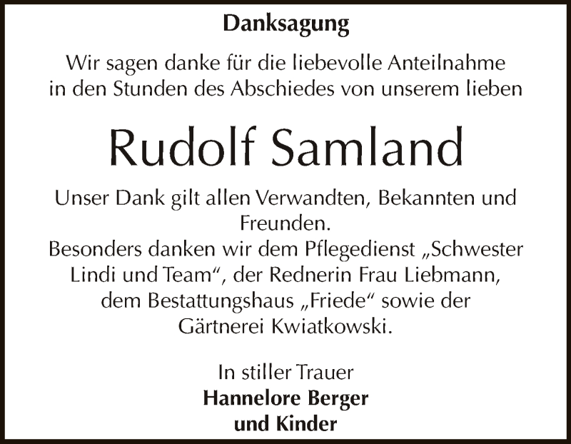 Traueranzeige für Rudolf Samland vom 05.12.2015 aus WVG - Wochenspiegel Dessau / Köthen