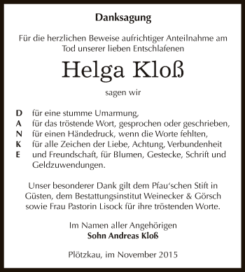 Traueranzeige von Helga Kloß von Super Sonntag Bernburg