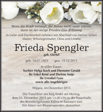 Traueranzeige von Frieda Spengler von Mitteldeutsche Zeitung Mansfelder Land