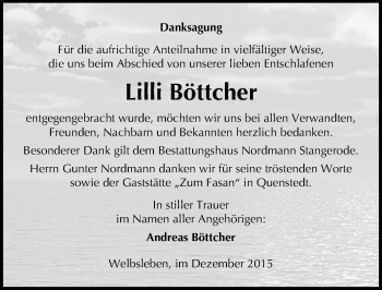 Traueranzeige von Lilli Böttcher von Mitteldeutsche Zeitung Mansfelder Land