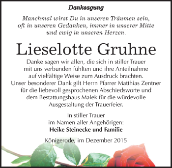 Traueranzeige von Lieselotte Gruhne von Mitteldeutsche Zeitung Quedlinburg