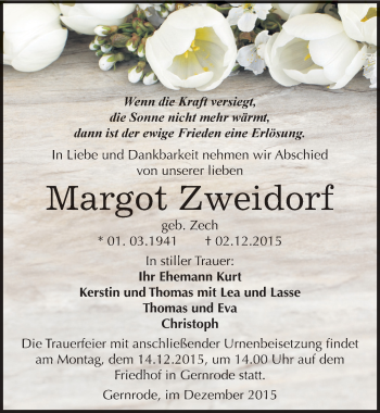 Traueranzeige von Margot Zweidorf von Mitteldeutsche Zeitung Quedlinburg