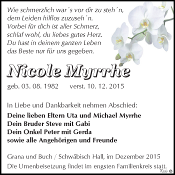 Traueranzeige von Nicole Myrrhe von Super Sonntag Zeitz