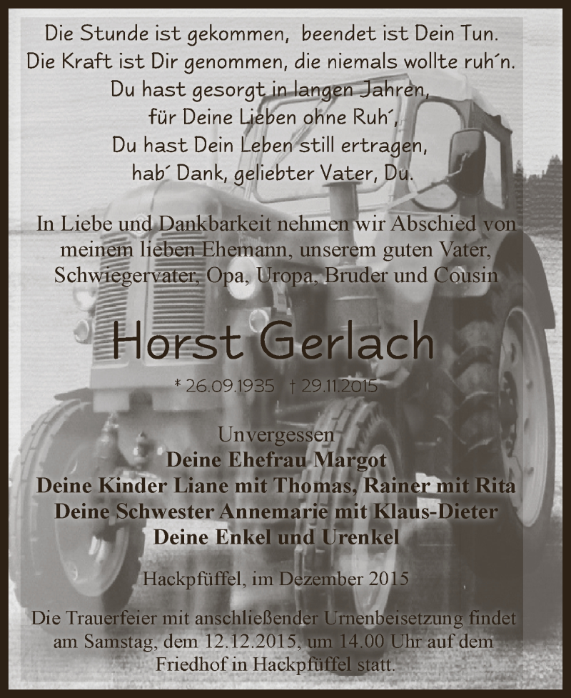  Traueranzeige für Horst Gerlach vom 05.12.2015 aus Super Sonntag SGH Mansf. Land