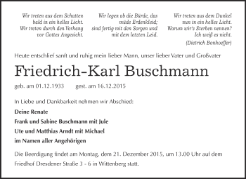 Traueranzeige von Friedrich-Karl Buschmann von WVG - Wochenspiegel Wittenberg