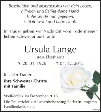 Traueranzeige von Ursula Lange von WVG - Wochenspiegel NMB / WSF / ZTZ