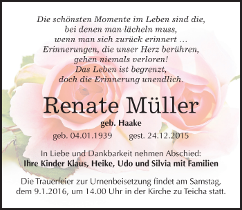 Traueranzeige von Renate Müller von Mitteldeutsche Zeitung Halle/Saalkreis