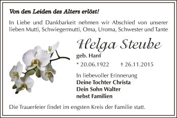 Traueranzeige von Helga Steube von WVG - Wochenspiegel Dessau / Köthen