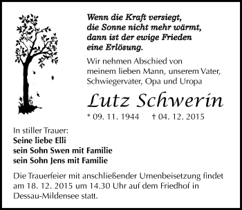 Traueranzeige von Lutz Schwerin von Mitteldeutsche Zeitung Dessau-Roßlau