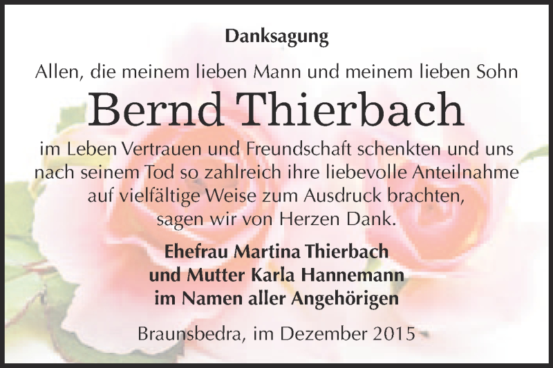  Traueranzeige für Bernd Thierbach vom 19.12.2015 aus WVG - Wochenspiegel Merseburg
