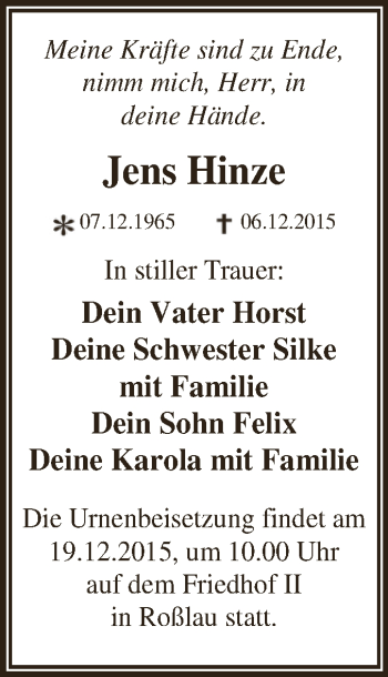 Traueranzeige von Jens Hinze von WVG - Wochenspiegel Dessau / Köthen