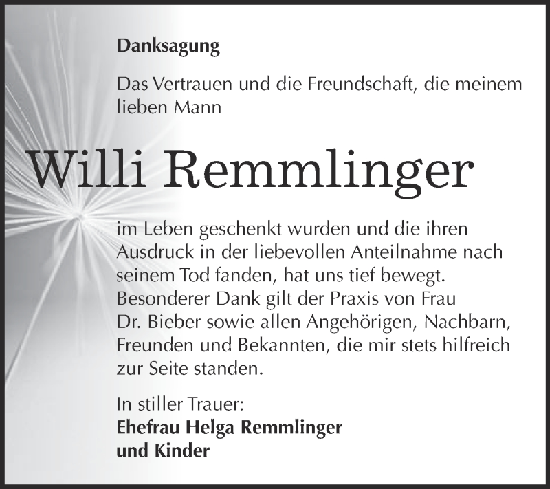  Traueranzeige für Willi Remmlinger vom 09.12.2015 aus Super Sonntag Merseburg
