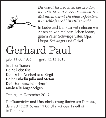 Traueranzeige von Gerhard Paul von WVG - Wochenspiegel Wittenberg