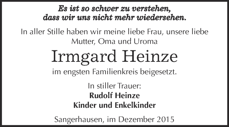  Traueranzeige für Irmgard Heinze vom 30.12.2015 aus Super Sonntag SGH Mansf. Land