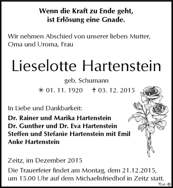 Traueranzeige von Lieselotte Hartenstein von Mitteldeutsche Zeitung Zeitz