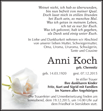 Traueranzeige von Anni Koch von Mitteldeutsche Zeitung Mansfelder Land