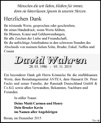 Traueranzeige von David Wahren von WVG - Wochenspiegel NMB / WSF / ZTZ