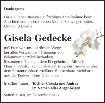 Traueranzeige von Gisela Gedecke von Mitteldeutsche Zeitung Sangerhausen