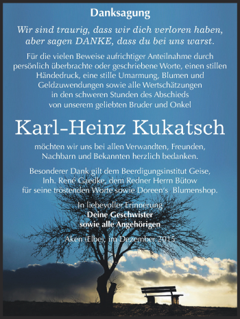 Traueranzeige von Karl-Heinz Kukatsch von WVG - Wochenspiegel Dessau / Köthen