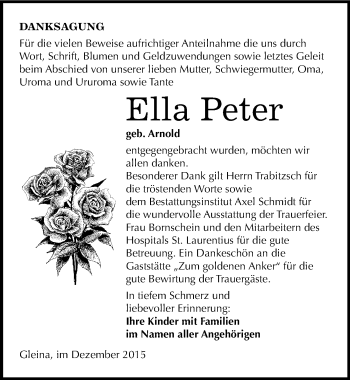 Traueranzeige von Ella Peter von Mitteldeutsche Zeitung Naumburg/Nebra