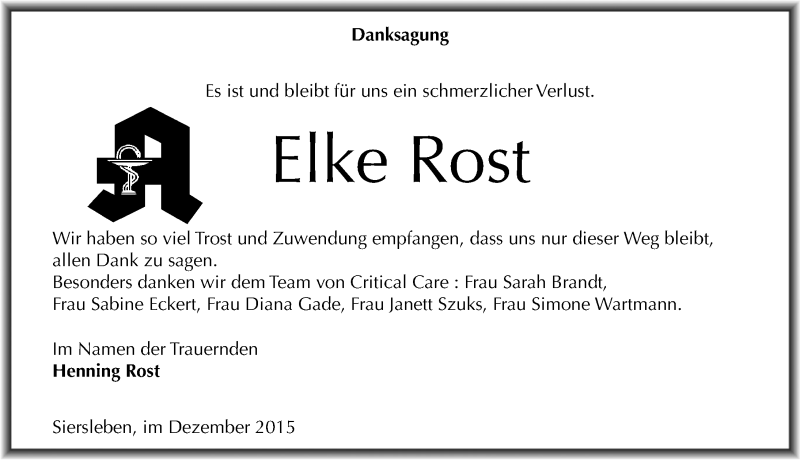  Traueranzeige für Elke Rost vom 05.12.2015 aus Mitteldeutsche Zeitung Mansfelder Land