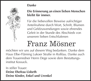 Traueranzeige von Franz Mösner von WVG - Wochenspiegel Dessau / Köthen