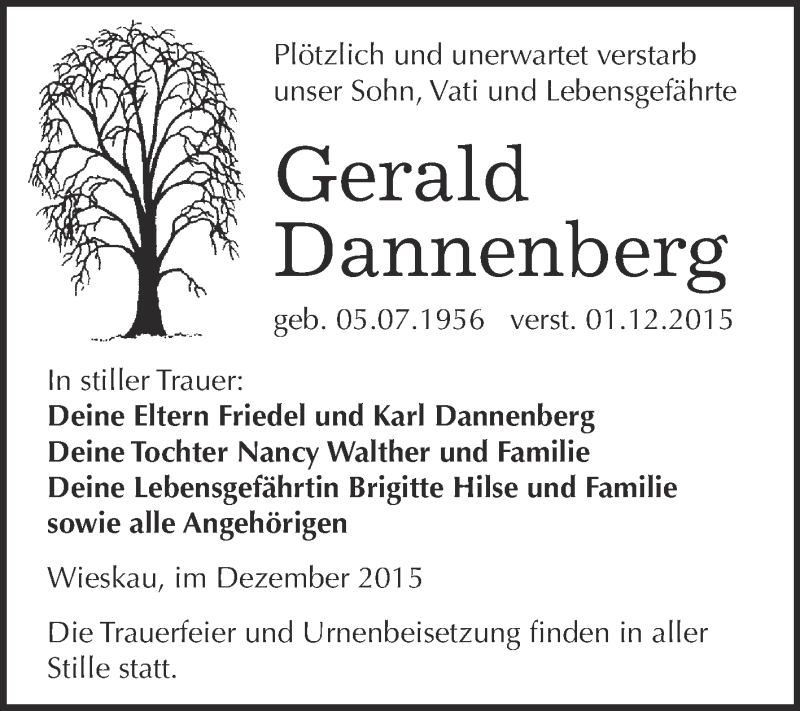  Traueranzeige für Gerald Dannenberg vom 12.12.2015 aus WVG - Wochenspiegel Dessau / Köthen