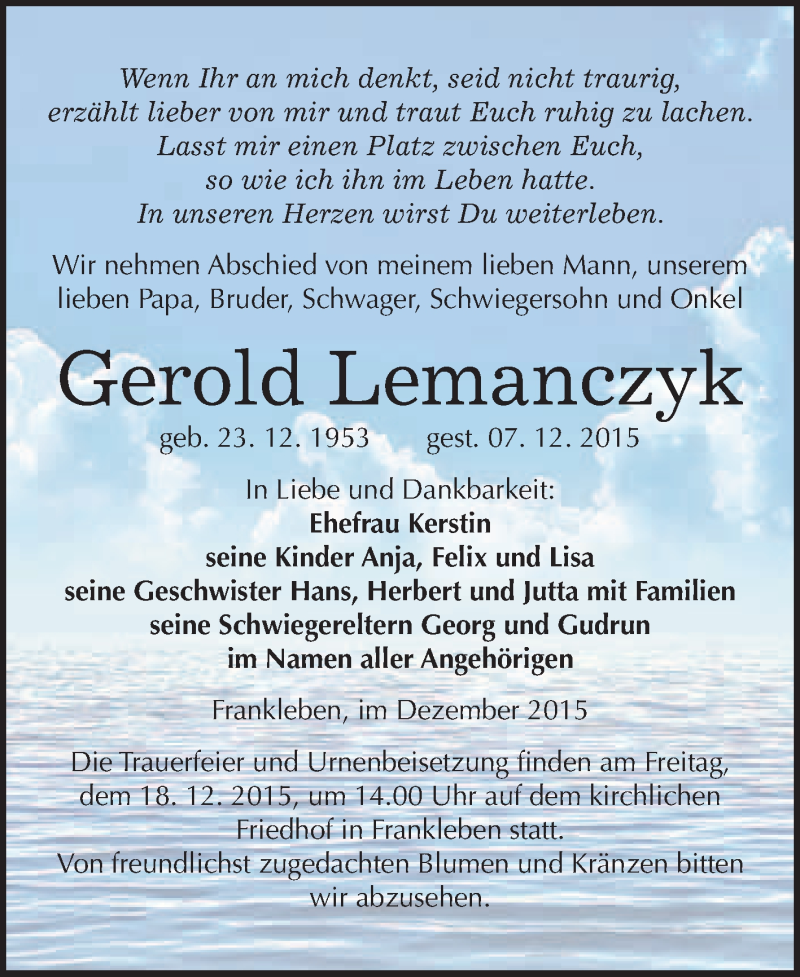  Traueranzeige für Gerold Lemanczyk vom 12.12.2015 aus WVG - Wochenspiegel Merseburg