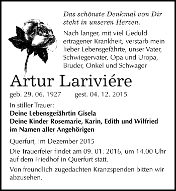 Traueranzeige von Artur Lariviére von Mitteldeutsche Zeitung Merseburg/Querfurt