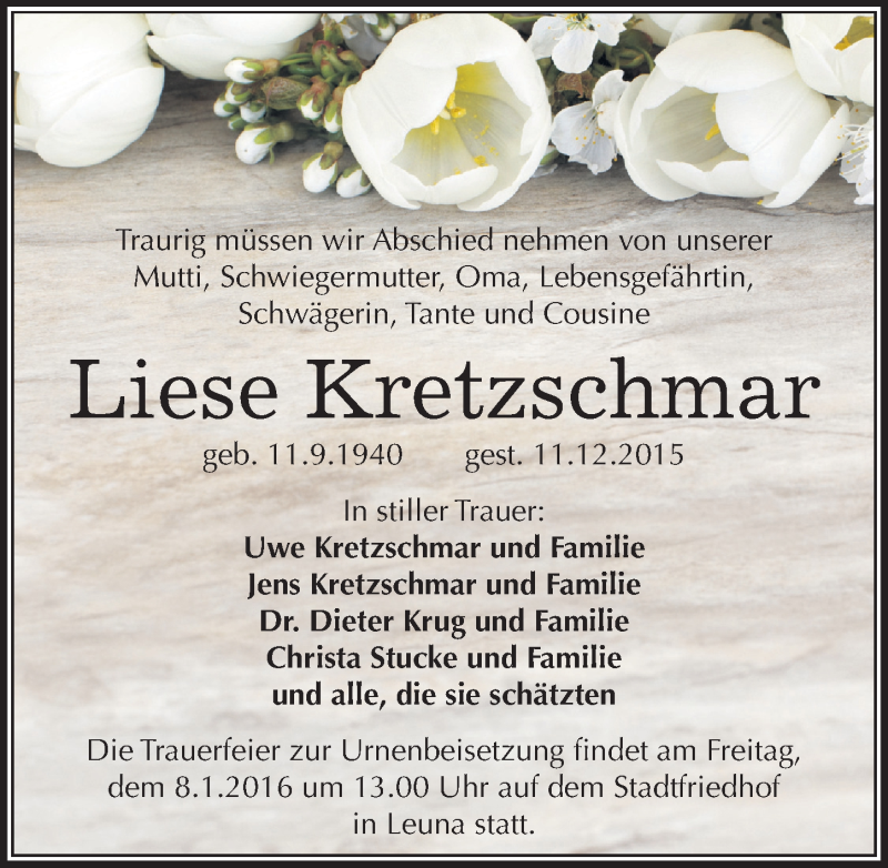  Traueranzeige für Liese Kretzschmar vom 19.12.2015 aus Mitteldeutsche Zeitung Merseburg/Querfurt