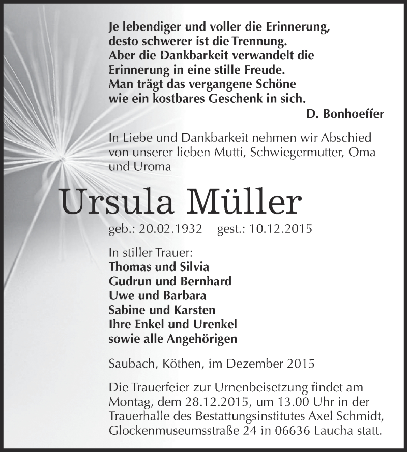  Traueranzeige für Ursula Müller vom 19.12.2015 aus Super Sonntag Zeitz