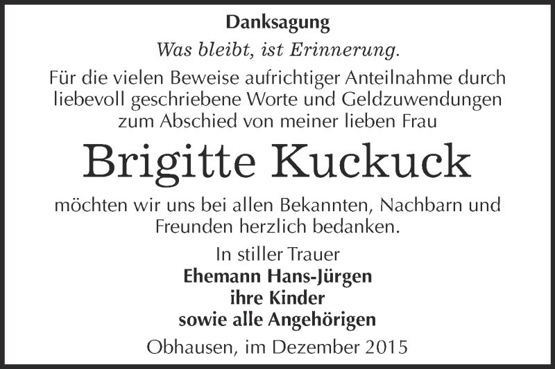  Traueranzeige für Brigitte Kuckuck vom 30.12.2015 aus WVG - Wochenspiegel Merseburg