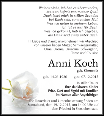 Traueranzeige von Anni Koch von Super Sonntag SGH Mansf. Land