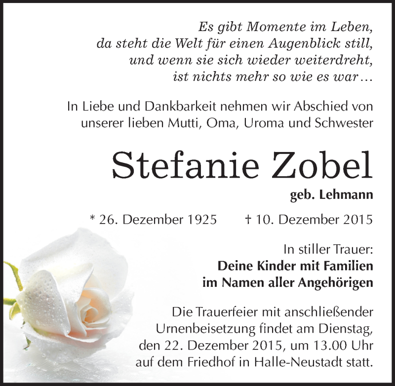  Traueranzeige für Stefanie Zobel vom 19.12.2015 aus Mitteldeutsche Zeitung Halle/Saalkreis