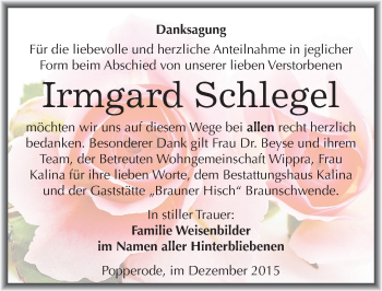 Traueranzeige von Irmgard Schlegel von Mitteldeutsche Zeitung Mansfelder Land