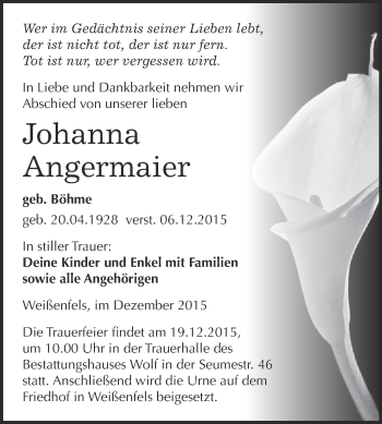 Traueranzeige von Johanna Angermaier von WVG - Wochenspiegel NMB / WSF / ZTZ