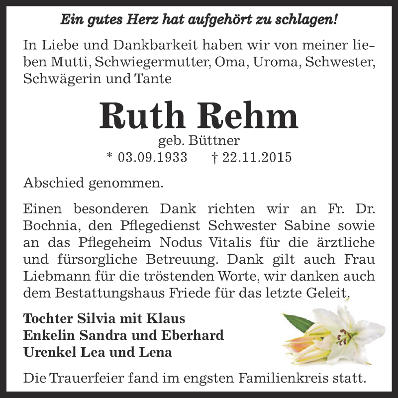  Traueranzeige für Ruth Rehm vom 19.12.2015 aus WVG - Wochenspiegel Dessau / Köthen