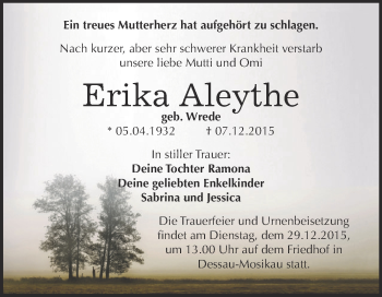 Traueranzeige von Erika Aleythe von WVG - Wochenspiegel Dessau / Köthen