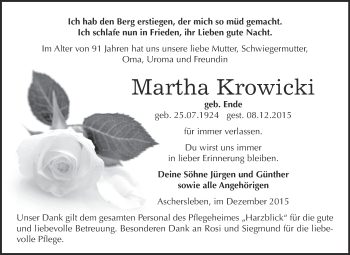 Traueranzeige von Martha Krowicki von Super Sonntag Aschersleben