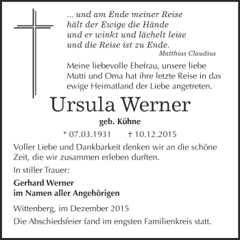 Traueranzeige von Ursula Werner von WVG - Wochenspiegel Wittenberg